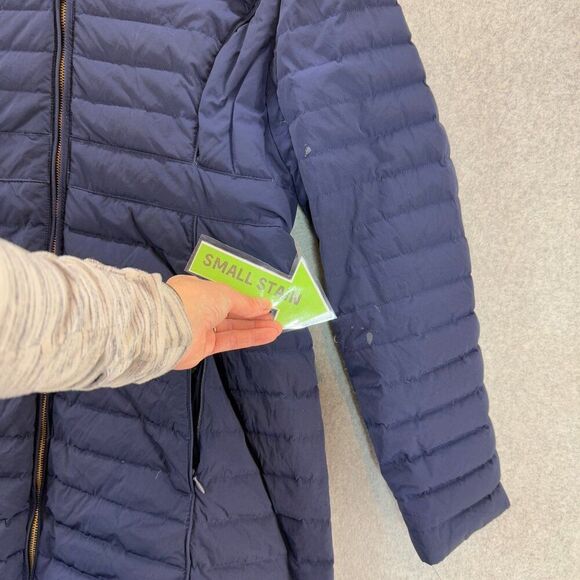 Hunter Women's Size Large Navy Blue Puffer Coat Faux Fur Collar Hood Down Fill - Picture 8 of 16